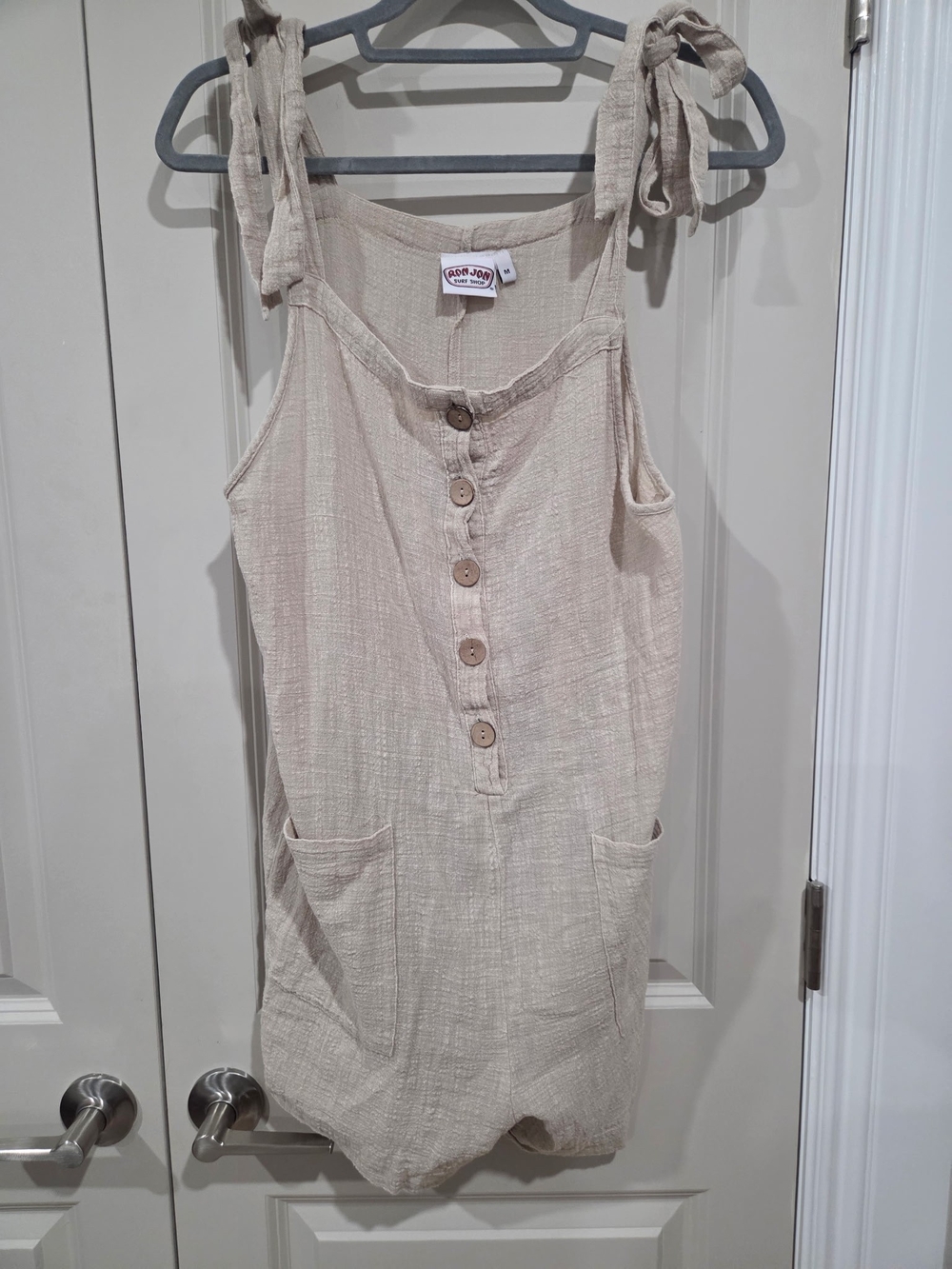 Ron Jon Natural Beige Linen-Style Overall Romper M NWOT